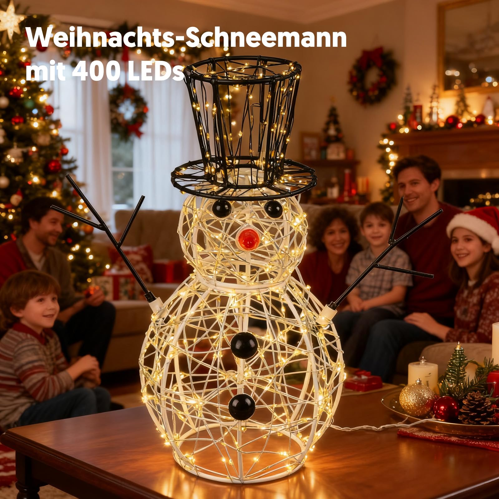 LEDYA Weihnachts-Schneemann Lichterdeko, 400 LEDs Warmweiß, 30,5 cm Weihnachtsdeko für Innen/Außen mit Timer, netzbetrieben, 2 Lichtmodi Blinken & Dauerlicht, ideal für Schlafzimmer, Garten, Party