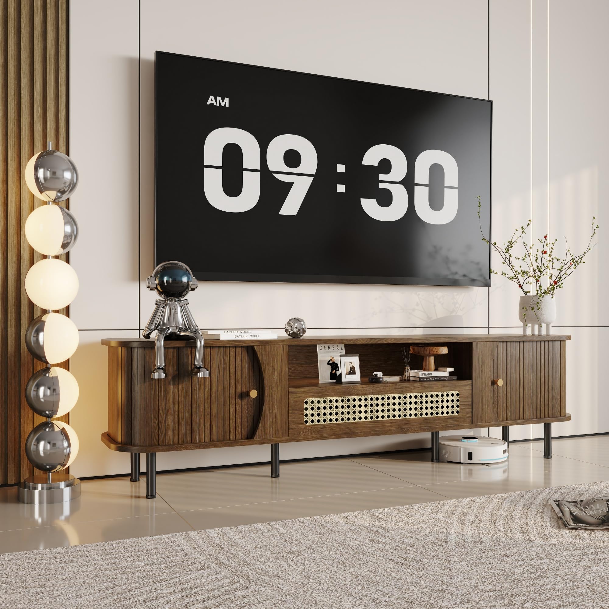 Basenji 71" Mid Century Modern Fluted TV Stand, Entertainment Center, Sideboard,TV Stands for Living Room to 80",Media Console for Bed Room,Walnut