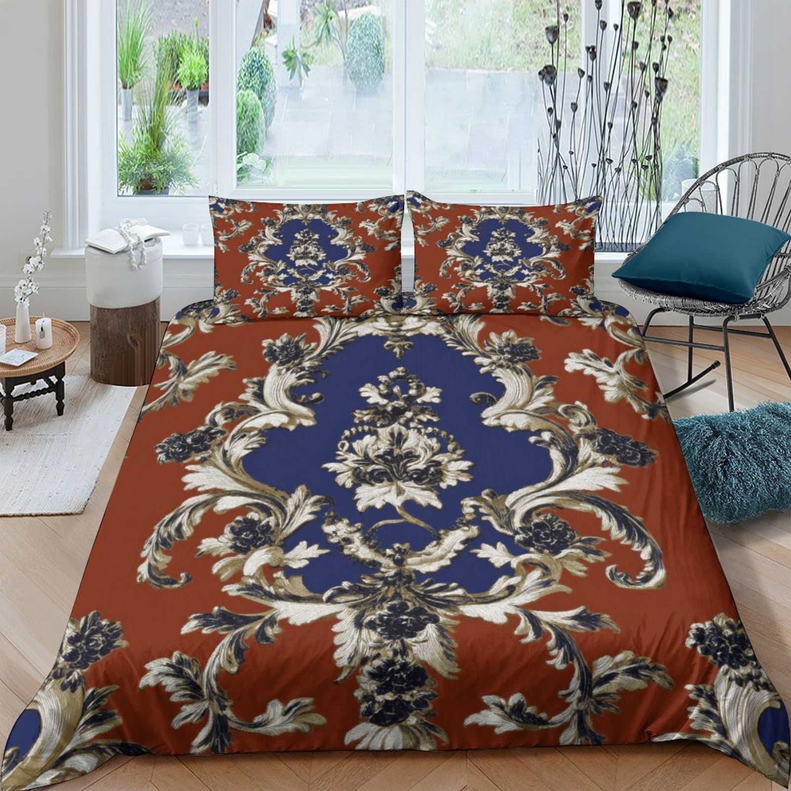 Ctjqhvkz Style-4 3D Printed Baroque Floral Fitted Sheet Microfiber Soft Rust Blue Vintage Pattern Mattress Cover For Bedroom Guestroom Decor Single（135X200cm）