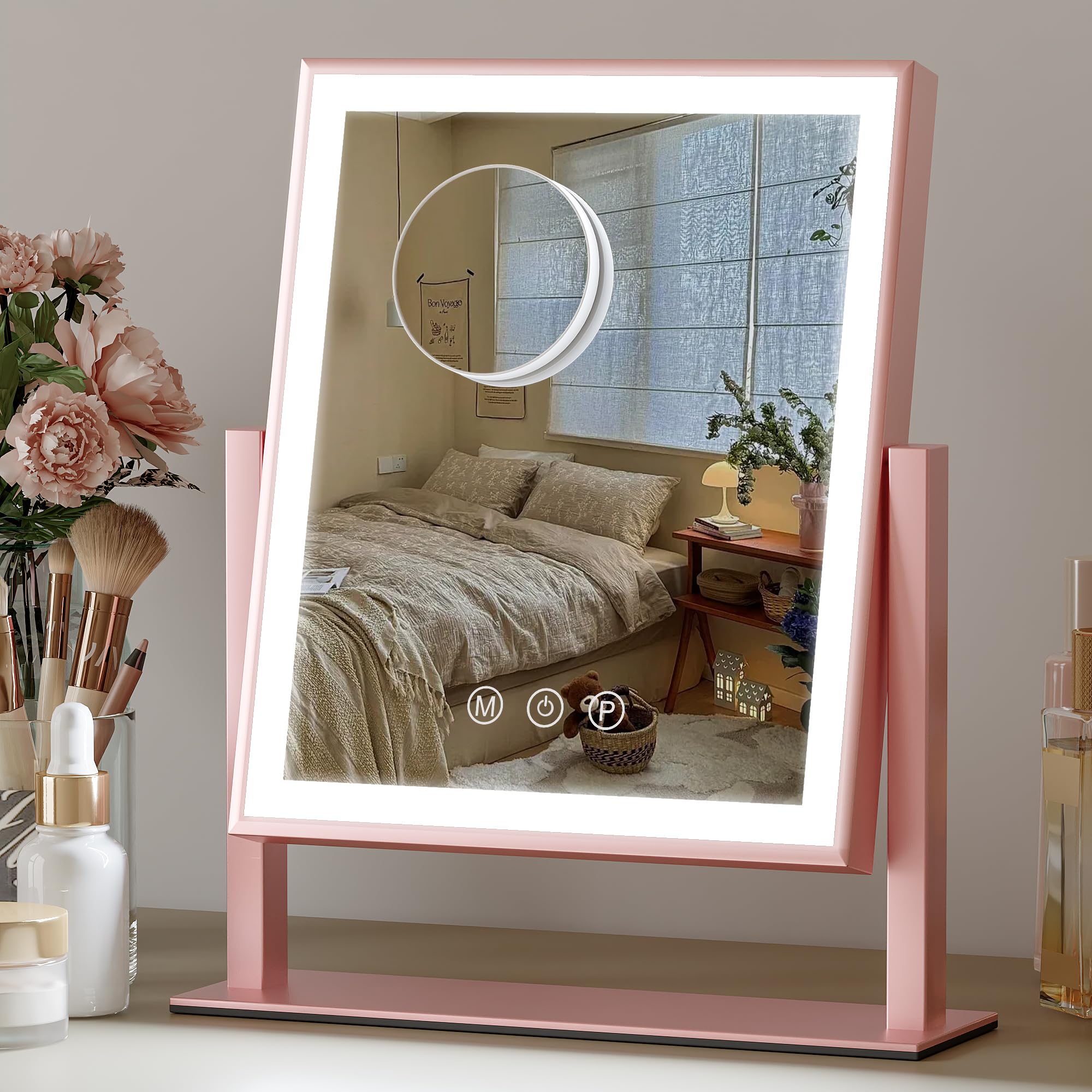 LED Lighted Vanity Mirror 11.81"x13.38" - Sensitive Smart Touch, 3 Dimmable Modes, 360° Smooth Rotation Desk Makeup Mirror Pink