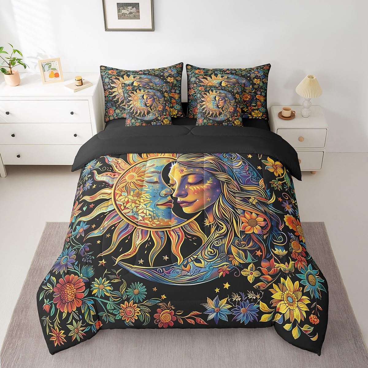 jejeloiu Blue Solar System Queen Comforter Set with Sheets Outer Space 7 Pieces Bedding Set for Kids Boys Girls Teens Room Decor Universe Planets Bed in a Bag Queen Size Galaxy Bed Set