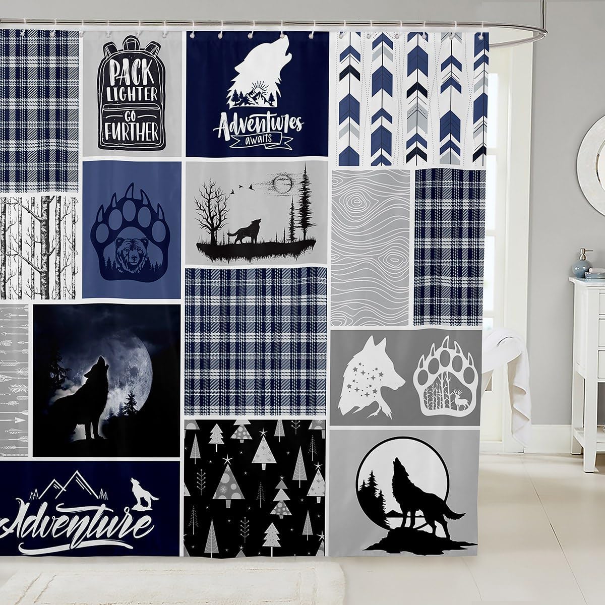 Feelyou Wolf Fabric Shower Curtain Wolves Howling Shower Curtain for Boys Teens Decor Aurora Bathroom Waterproof Accessories with 12 Hooks Moon Wolf Bedroom Mountain Curtains,72x78 Inches