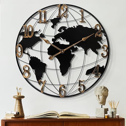 Reloj de pared grande de 20 pulgadas, con mapa del mundo, minimalista, moderno, redondo, de metal, silencioso, sin tictac, funciona con pilas, para