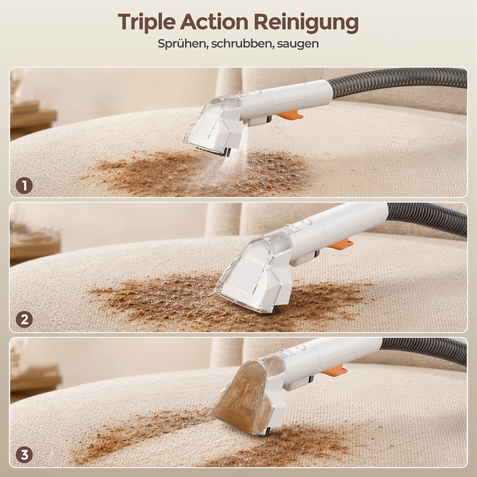 Polsterreiniger Gerät Teppichreiniger Waschsauger mit 15kPa Saugkraft & 500W Motor, Fleckenreiniger für Sofa, Matratze, Teppich und Auto, Selbstreinigender Textilreiniger für Haustiere