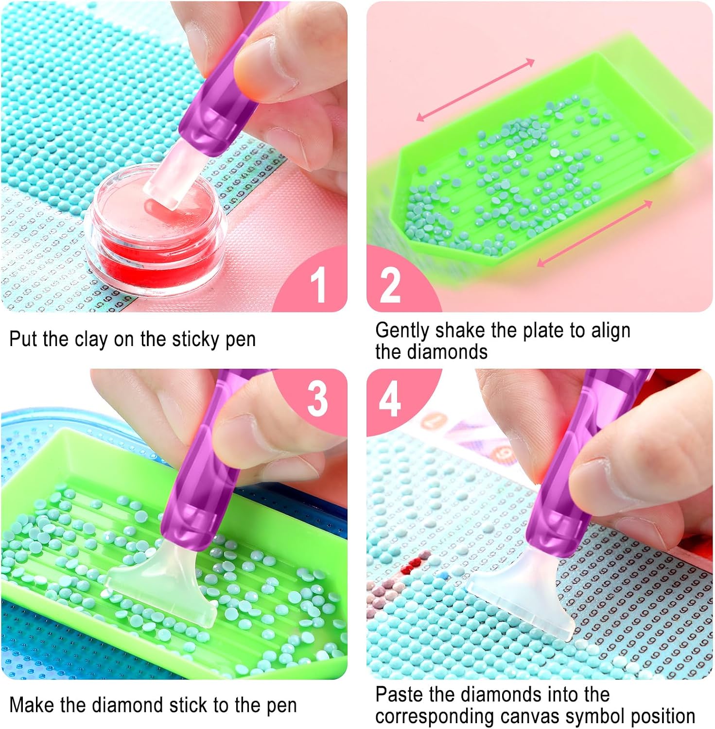 Outus 31 Pcs 5D DIY Diamond Tools Kit with Handmade Resin Painting Pens, Anti-Slip Mats, Plastic Diamond Trays, Clay Boxes, Drill Point Accessories for Adults DIY Craft(Pink, Purple)