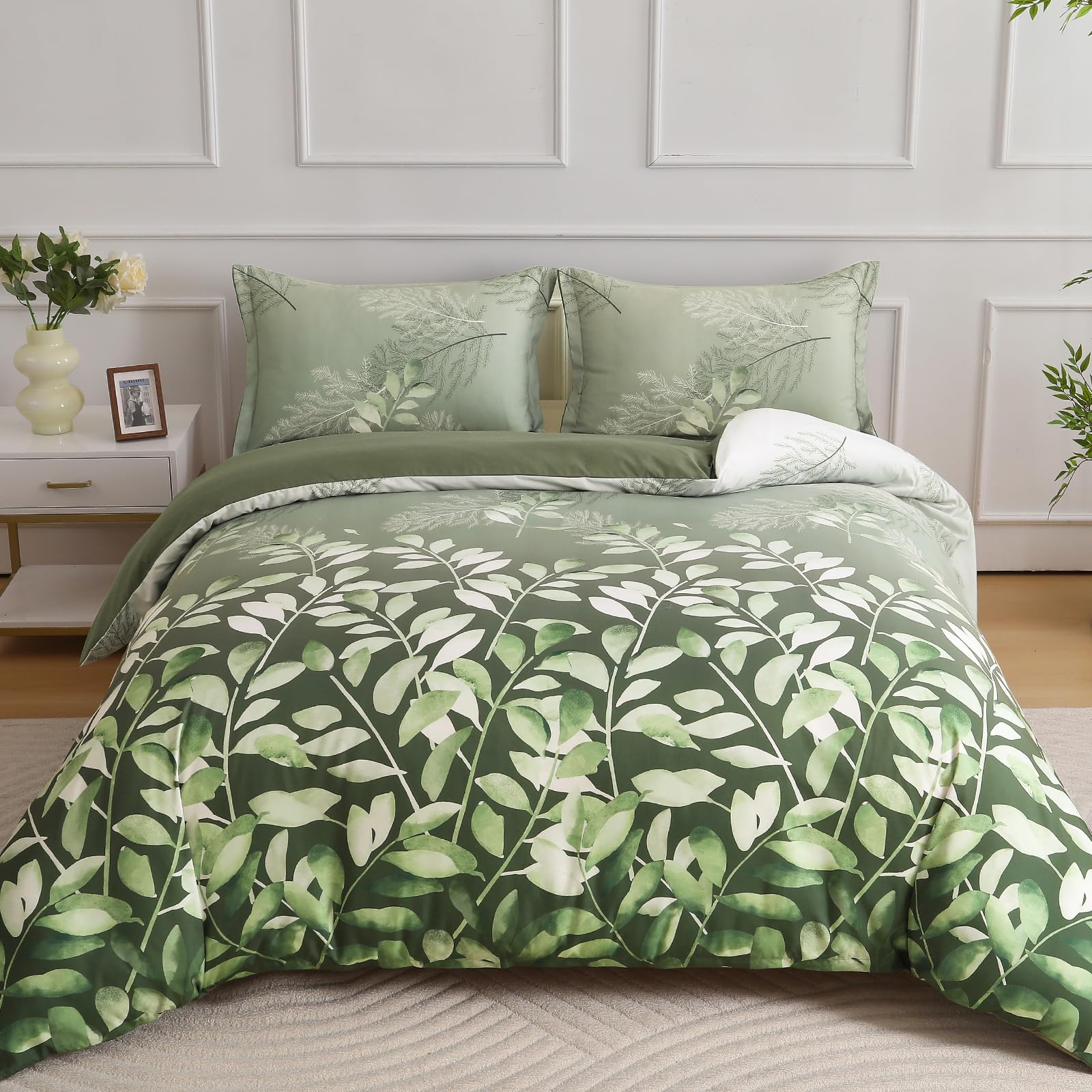 DJY King Size Duvet Cover Sets Green Floral Bedding Set, Reversible Lightweight Leaves Bedding Sets 3pcs with Zipper Closure (King, 220x230cm)