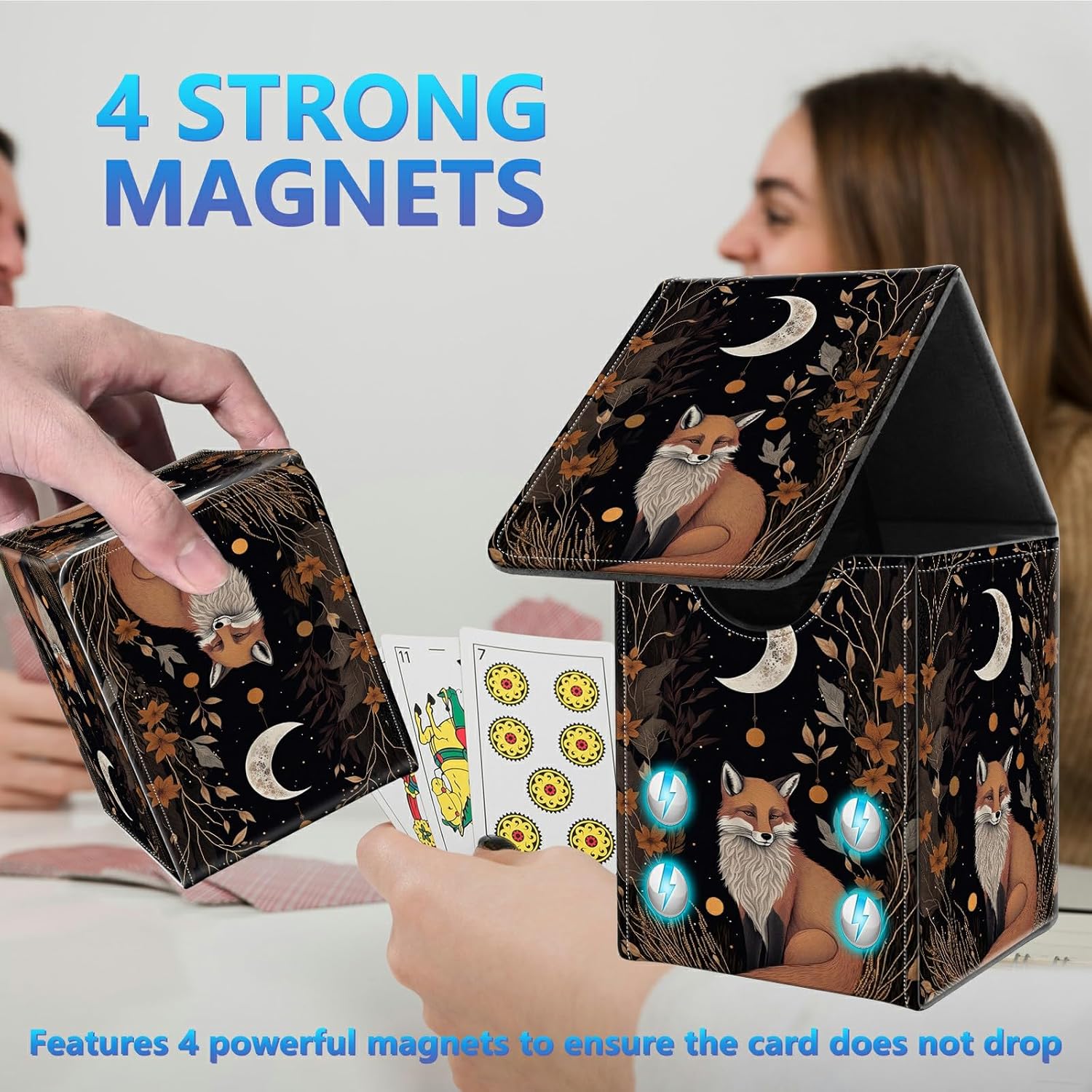 Card Deck Box for Trading Cards, MTG Commander Deck Box Fits 100+ Single Sleeved Cards, Leather Magnetic Card Storage Box for YuGiOh TCG CCG Cards, Fox Moon Trippy Animal Floral