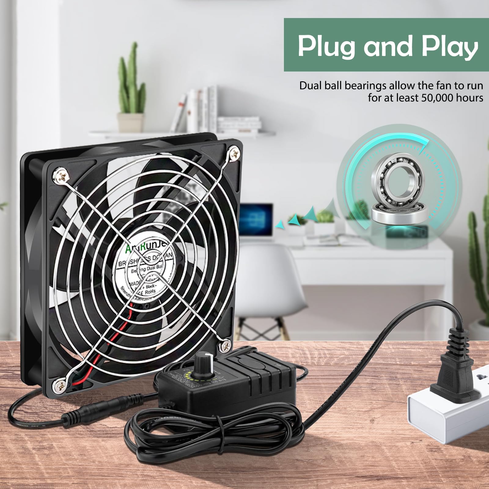 Ventilador de caja de ordenador de 120 mm x 25 mm con enchufe de CA de velocidad variable DIY para Biltong Box, escape de ventana o admisión y receptor DVR Playstation Xbox gabinete