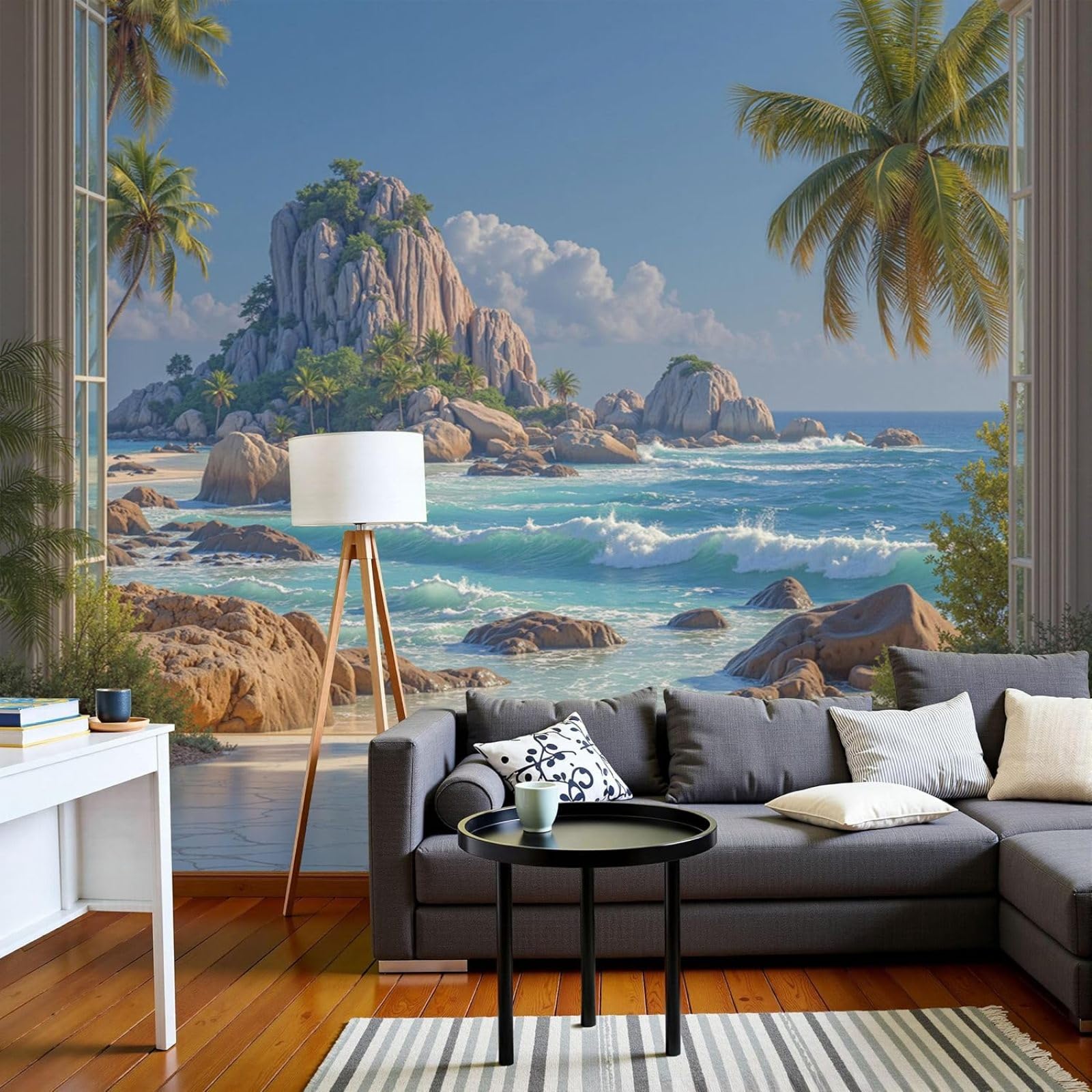 kfjhgbdshhj Wallpaper Natural Rocks Palms, Tropical Beach, XXL Non-Woven Wallpaper for Bedroom Living Room, Blue Wall Decor, Wall Covering, 300cm x 210cm Stickers - Frameless Painting - Poster