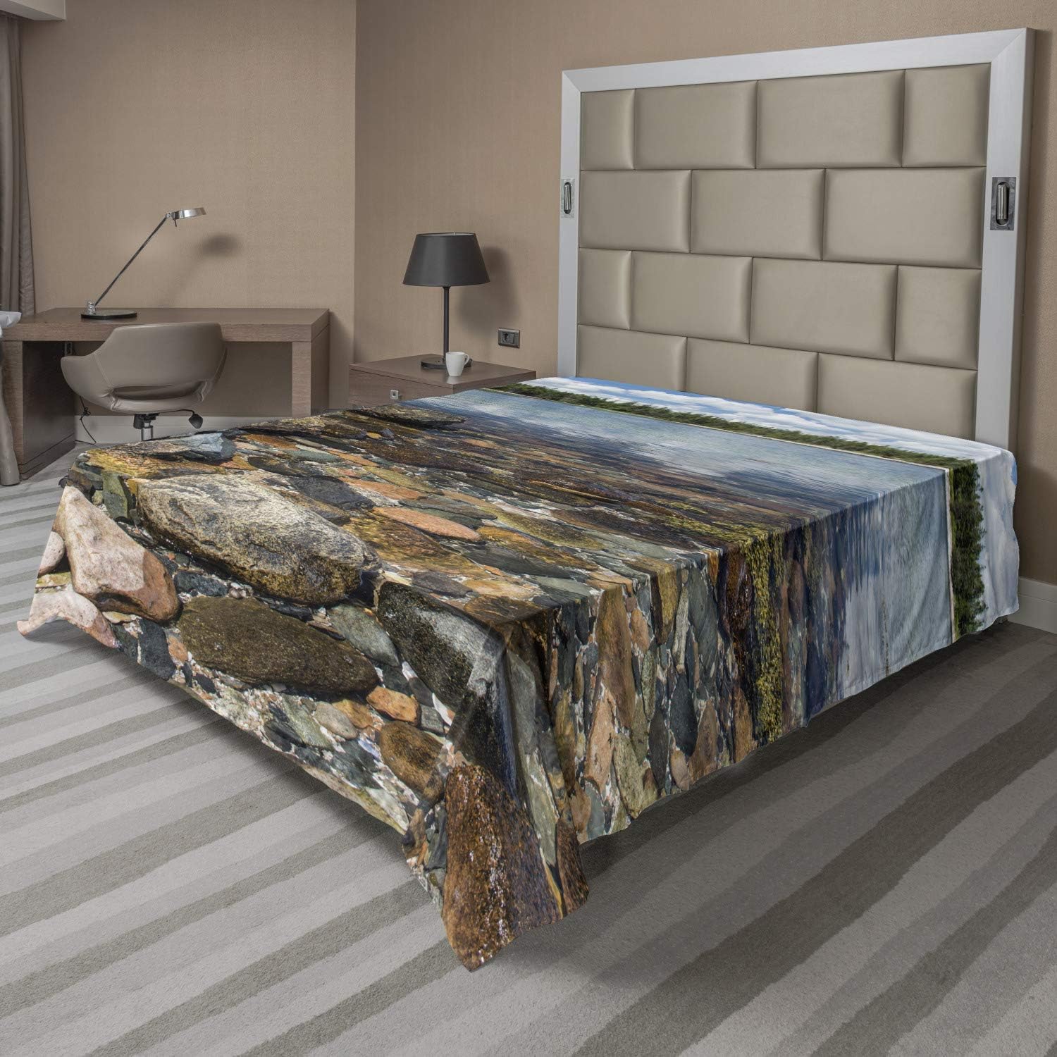 Lunarable American Scenery Bed Sheet, Acadia Shoreline Split Rock and