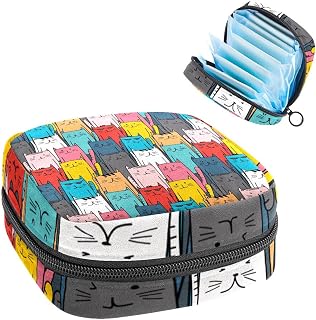 Cute Colorful Cartoon Cat Heads Pattern Period Pouch Portable,Tampon Storage Bag for Sanitary Napkins, Multicolor, 4.7x6.6x6.6 in/12x17x17 cm