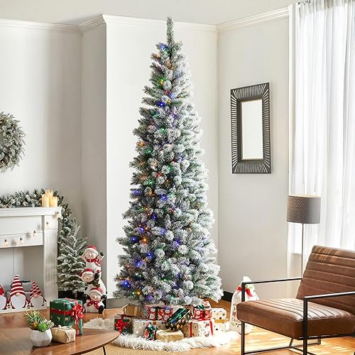 Glitzhome Árbol de Navidad artificial de pino flocado preiluminado de 9 pies con 450 luces LED, 9 funcionales, blanco cálido, multicolor, control