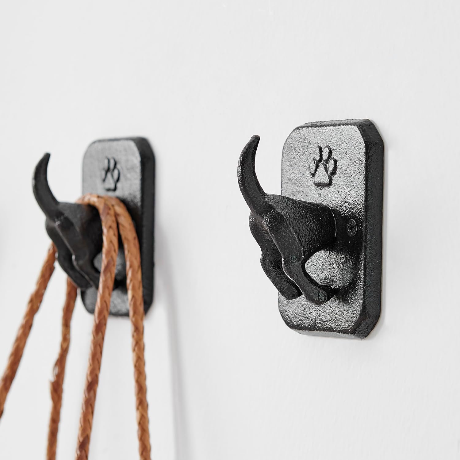 Danya B. 4 Piece Dark Brown Cast Iron Dog Tail Wagging Decorative Wall Sculpture Figure Utility Hook Set