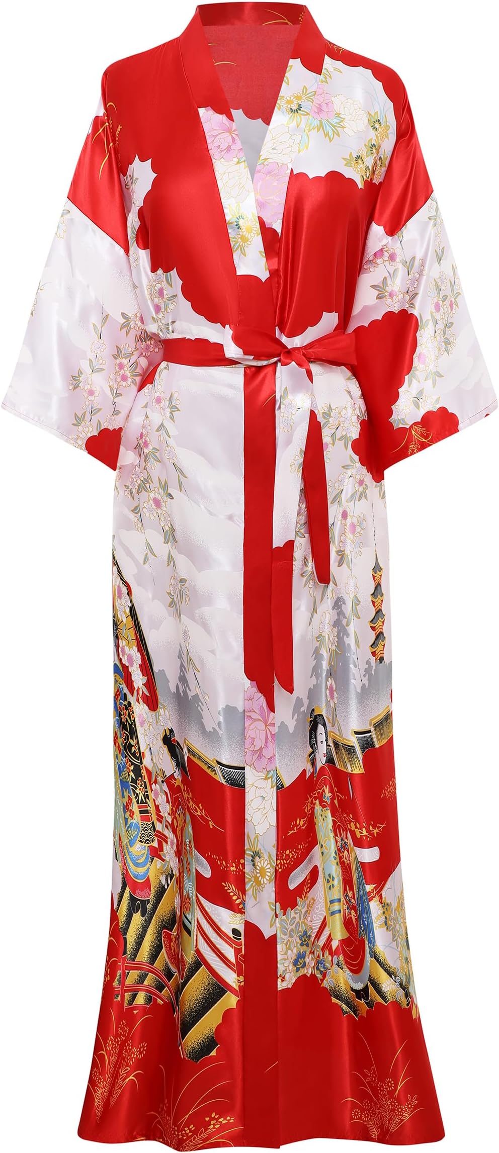 PRODESIGN Kimono Robe for Women - Long Satin Sleepwear Silky Kimono Cover-Up Nightgown Japanese Bathrobe Loungewear Blouse