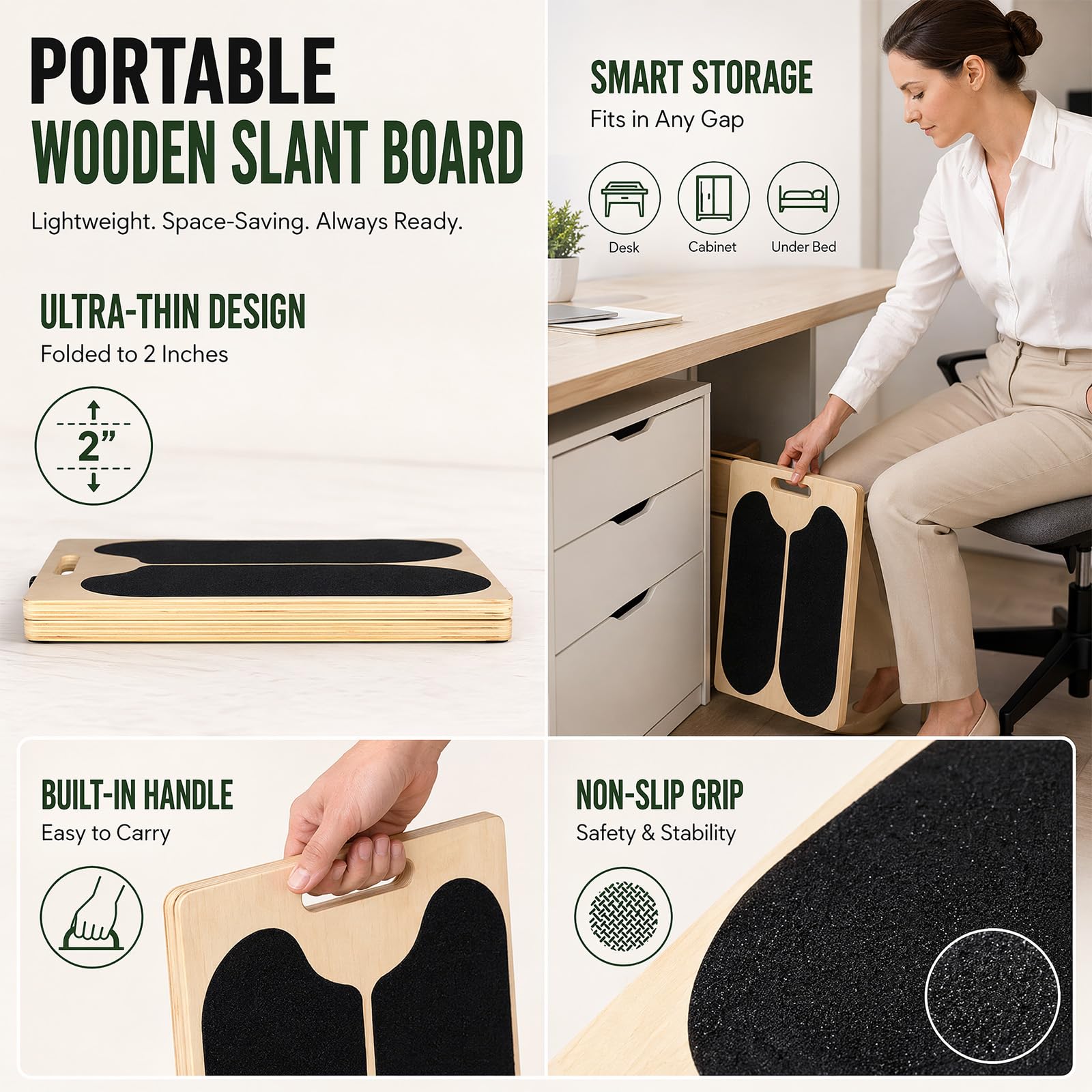 Panca inclinata per allungare i polpacci in legno, tavola obliqua 2 in 1 con 5 angoli e maniglia da trasporto, balance board per l’equilibrio, allenatore polpacci pieghevole