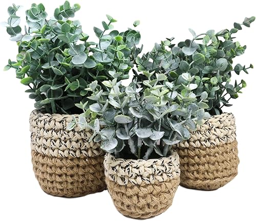 Miniatura 2 de Ebros Gift Juego de 3 plantas de eucalipto botánica artificiales realistas en macetas tejidas con textura, plantas sintéticas, hojas, helechos,