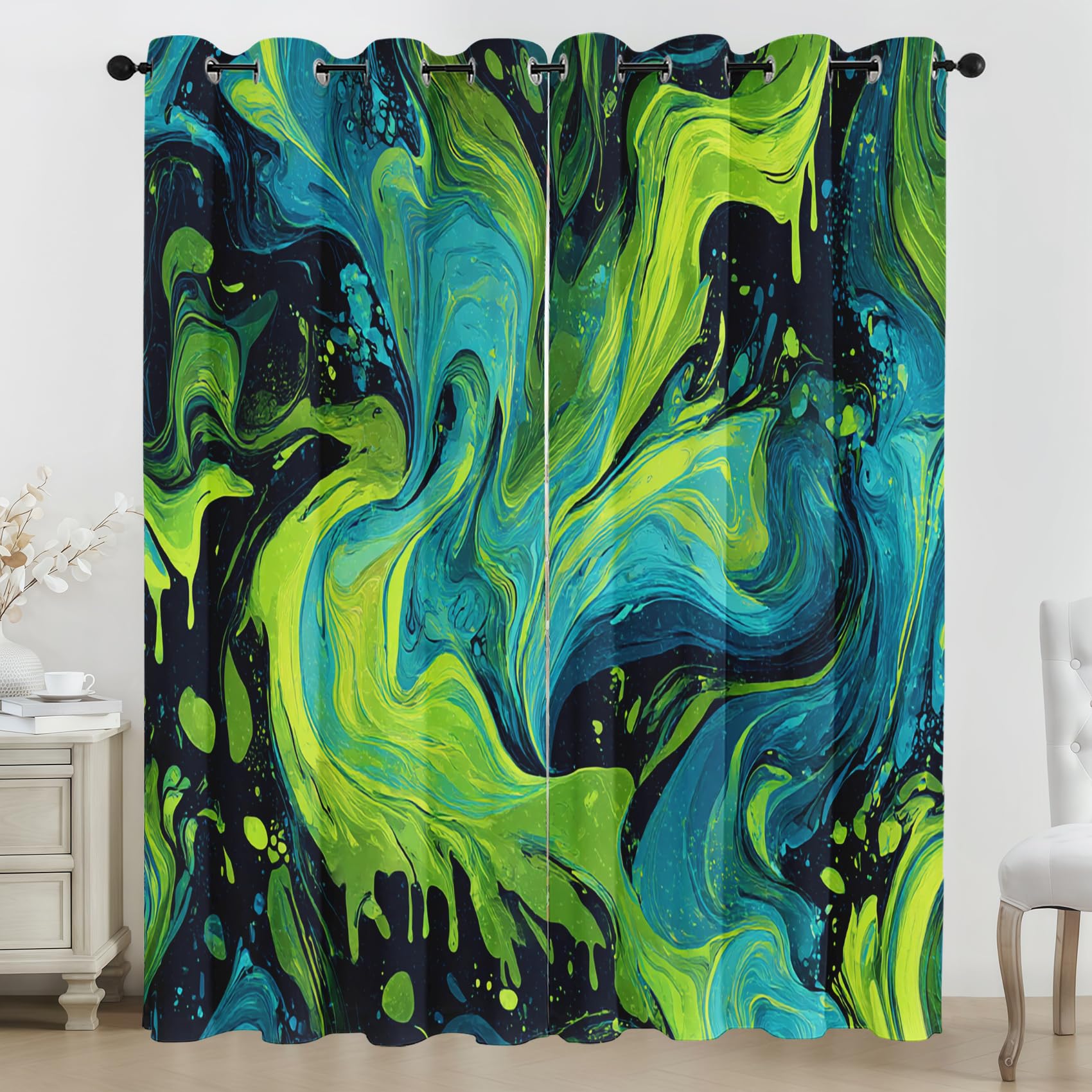 Rideau occultant bleu vert effet marbre 228x228cm pour isolation thermique et phonique du salon
