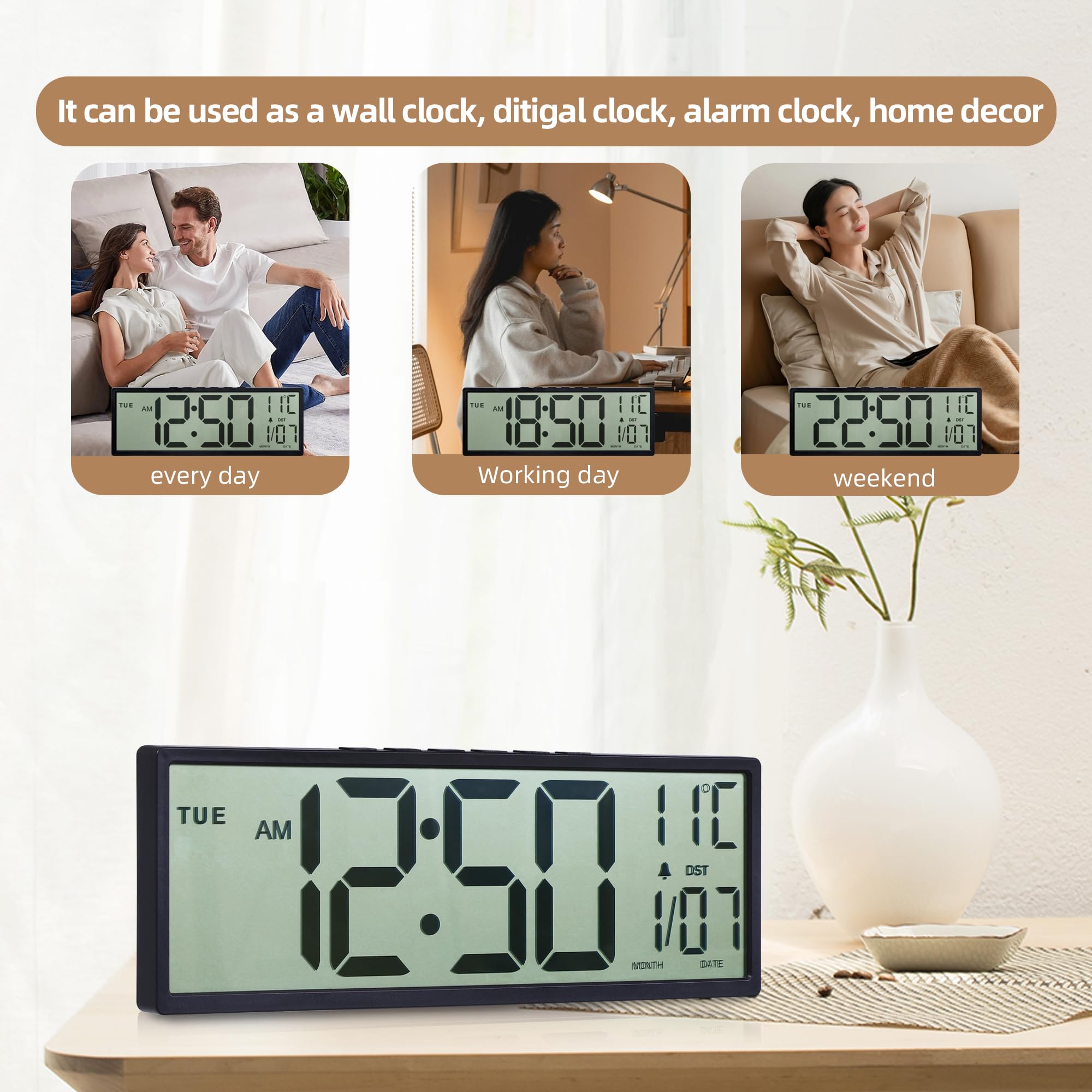 Maxstar Orologio da parete digitale grande da 15'',grande display LCD con numeri Jumbo,funzionamento a batteria,DST,temperatura,data,orologi da parete per soggiorno,camera da letto,cucina