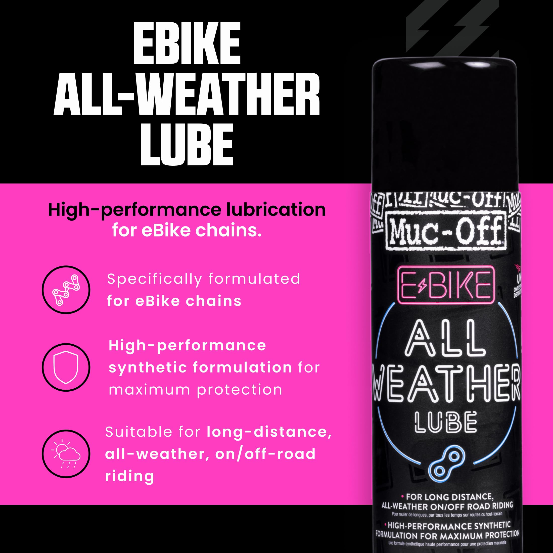 Muc Off E-Bike All-Weather Chain Lube Allwetter- Kettenöl, 250 ml - Premium E-Bike Kettenfett, Kettenspray Fahrrad - Formuliert Für Alle Wetterbedingungen, black