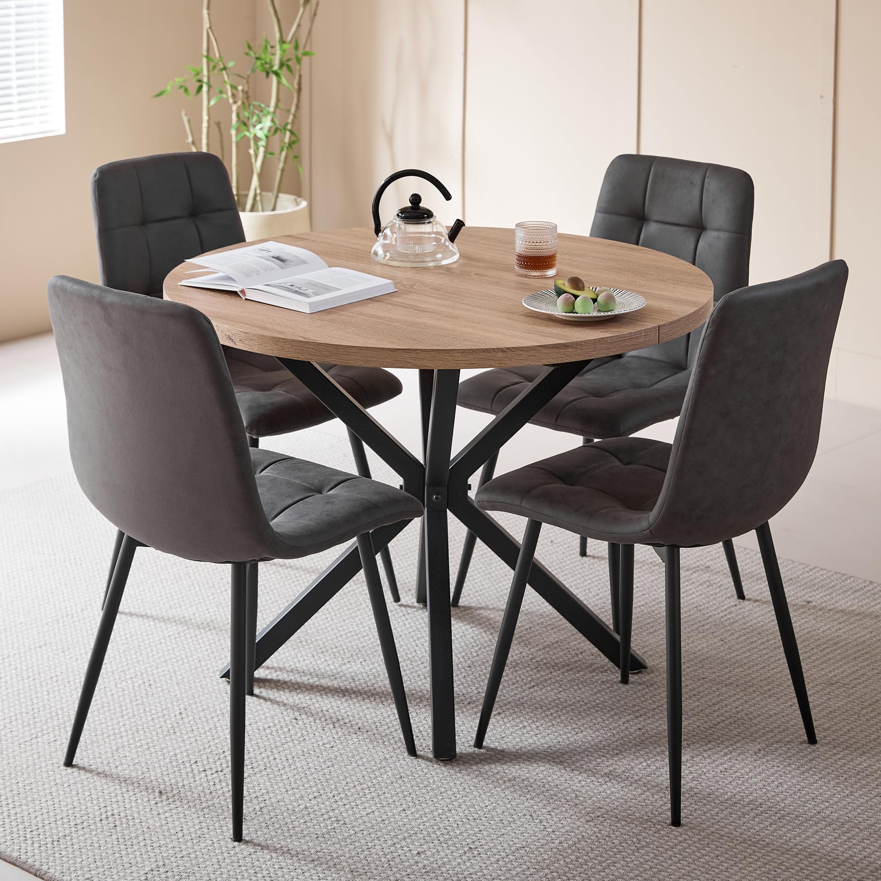 DEYARNA Ensemble de salle à manger 5 pièces ronde 100 cm 4 chaises cuir synthétique cuisine salon balcon restaurant bureau (couleur bois clair + gris foncé)