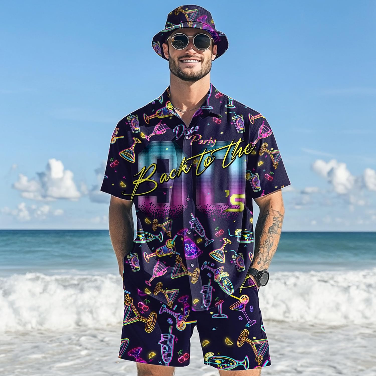 Men's 2 piece 80s 90s rave outfits for Men Hawaiian Shirts with a Bucket Hat - Image 4