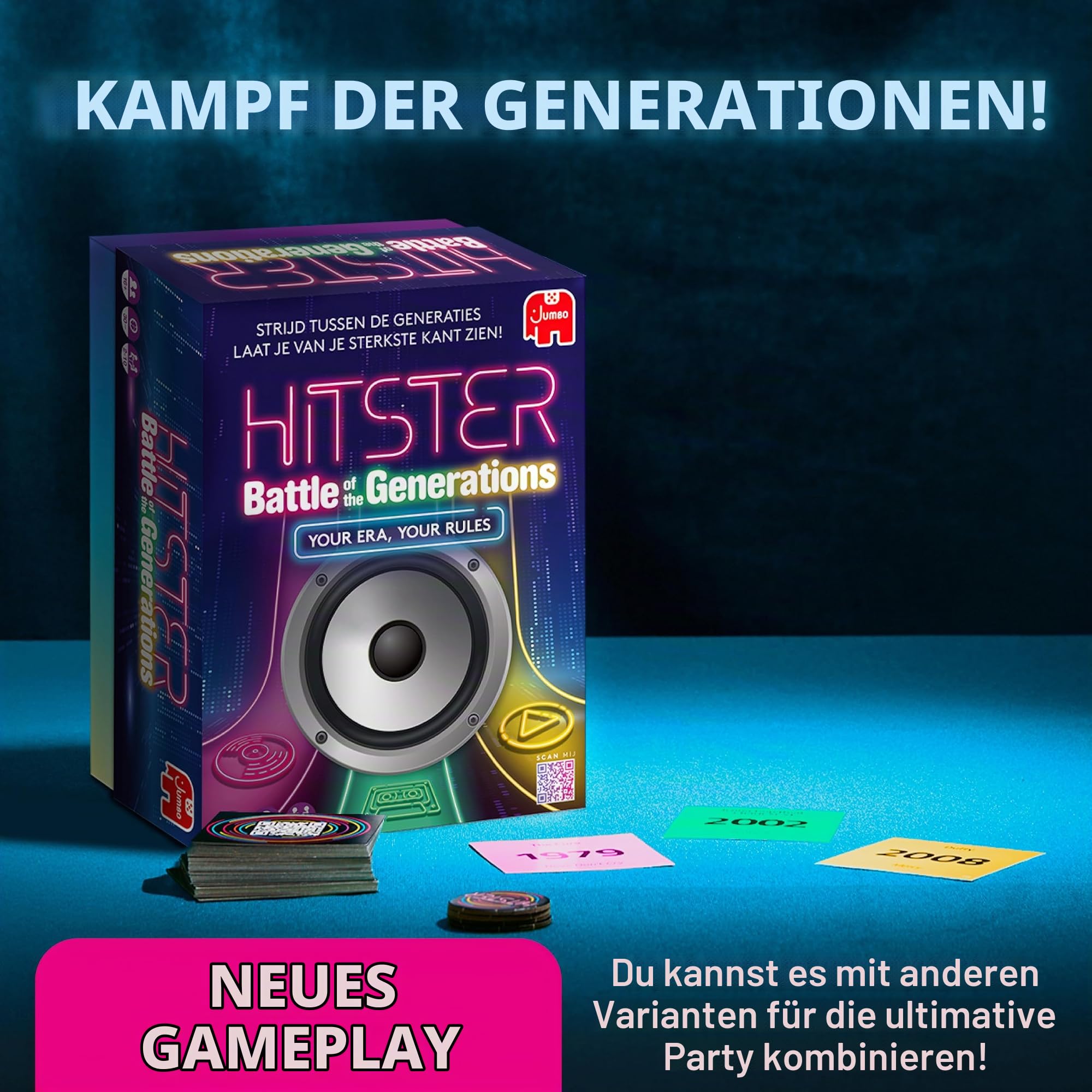 Hitster Battle of the Generations NL – Muzikale Party Bordspel met 420+ Nummers Door de Jaren Heen, 3 Tijdperken Vinyl tot Cassette tot Streaming – App‑Verbonden Quiz voor Volwassenen & Families (NL)
