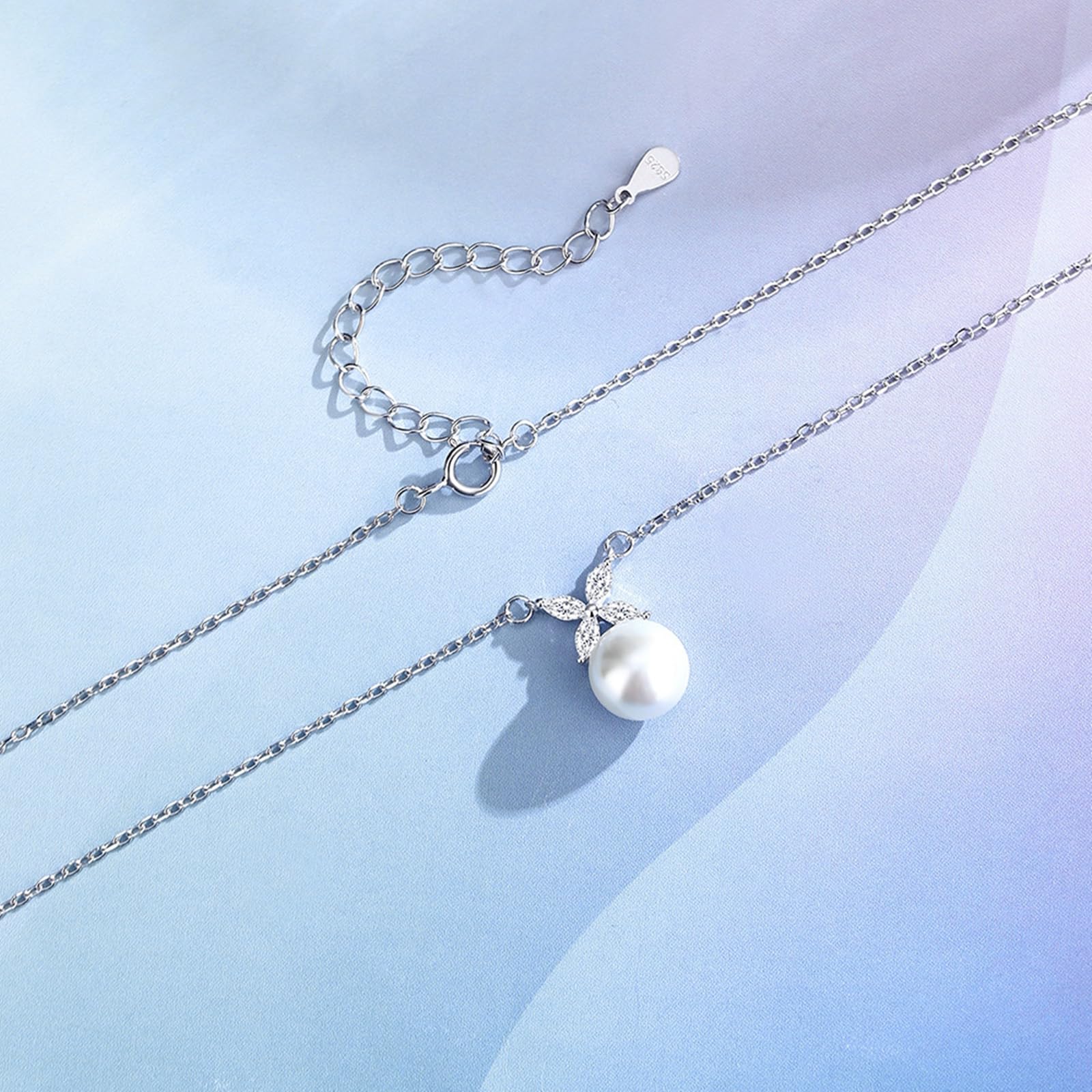 Collar de oro blanco para mujer, flor de moissanita y colgante de perlas de 8 mm, collares con colgante de 40 + 5 cm