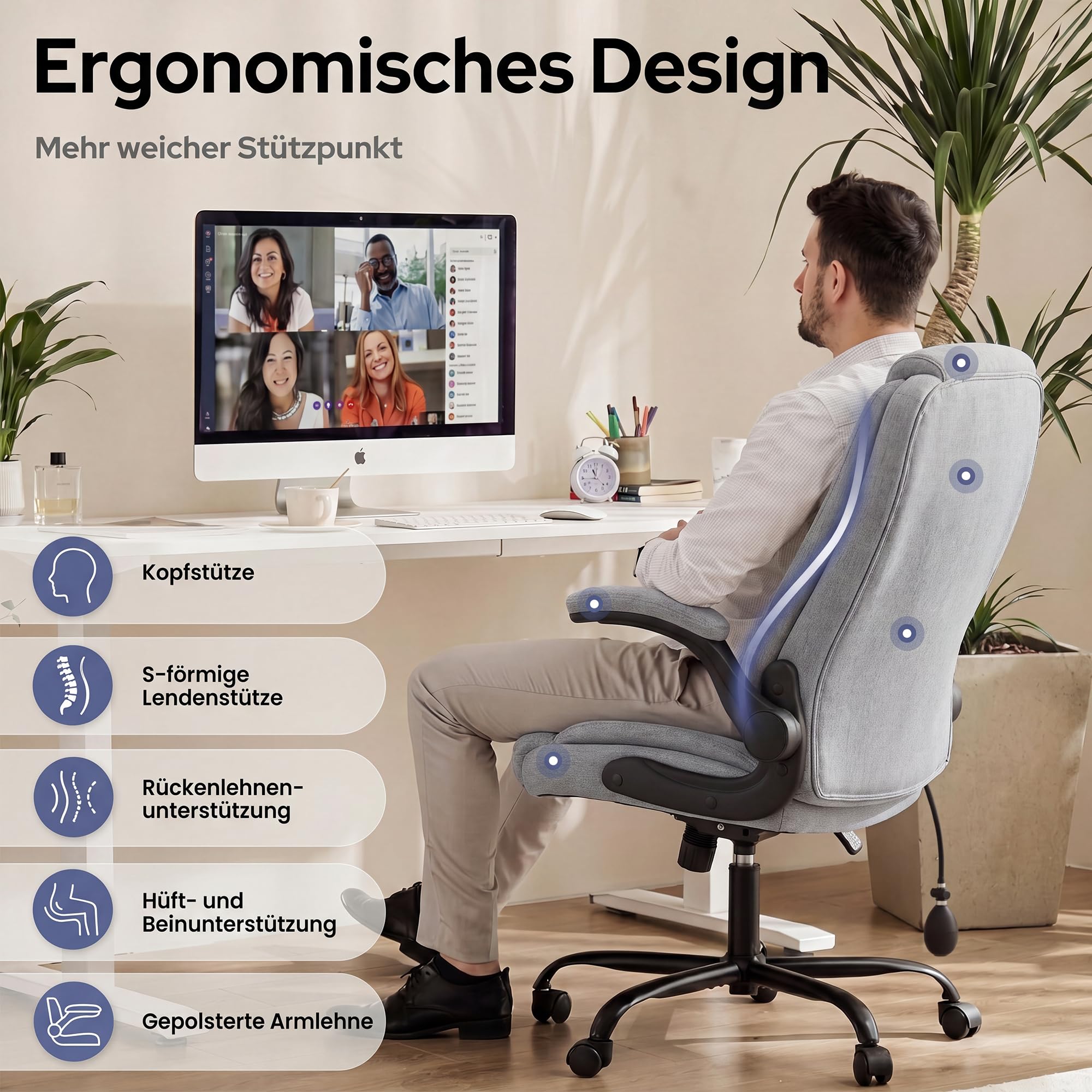 MALOL Bürostuhl Ergonomisch, Office Chair, Homeoffice Chefsessel Stuhl höhenverstellbar 105–125° Wippfunktion, Höhenverstellbarer Schreibtischstuhl mit Luft-Lendenstütze, bürostühle für Büro, Grau