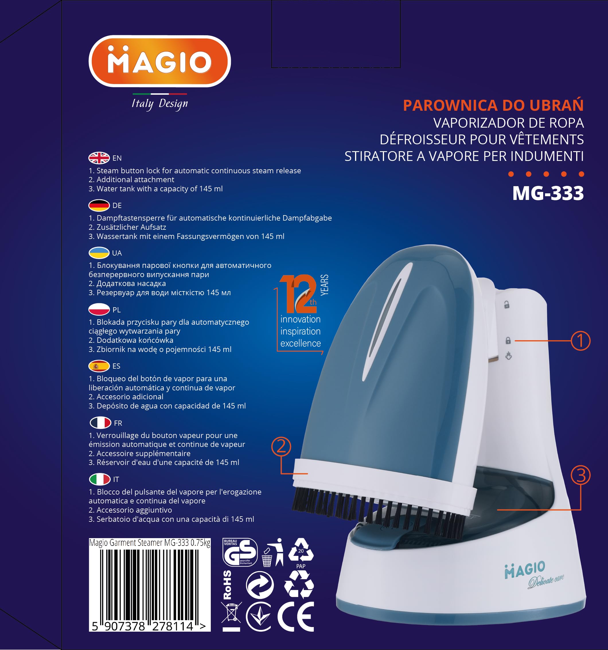 MAGIO Parownica ręczna pionowa, Steamer 1500W – Składana konstrukcja, Silna para, Ochrona przed przegrzaniem, Usuwa zagniecenia i zapachy, 150 ml, Do wszystkich tkanin, Do domu i podróży