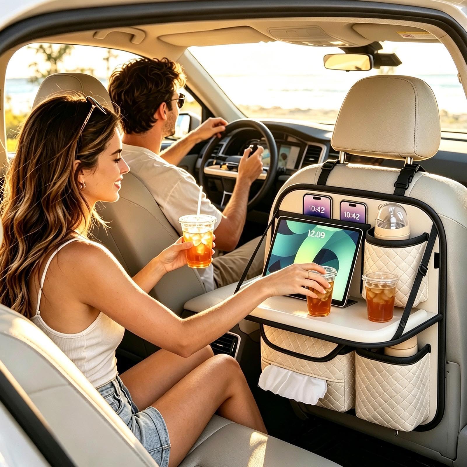 Organizer per sedile posteriore 'auto, tasche multiple, anti-fuoriuscite | Organizer posteriore con portabicchieri per telefono, bottiglie, salviette, snack, bevande, viaggi su strada