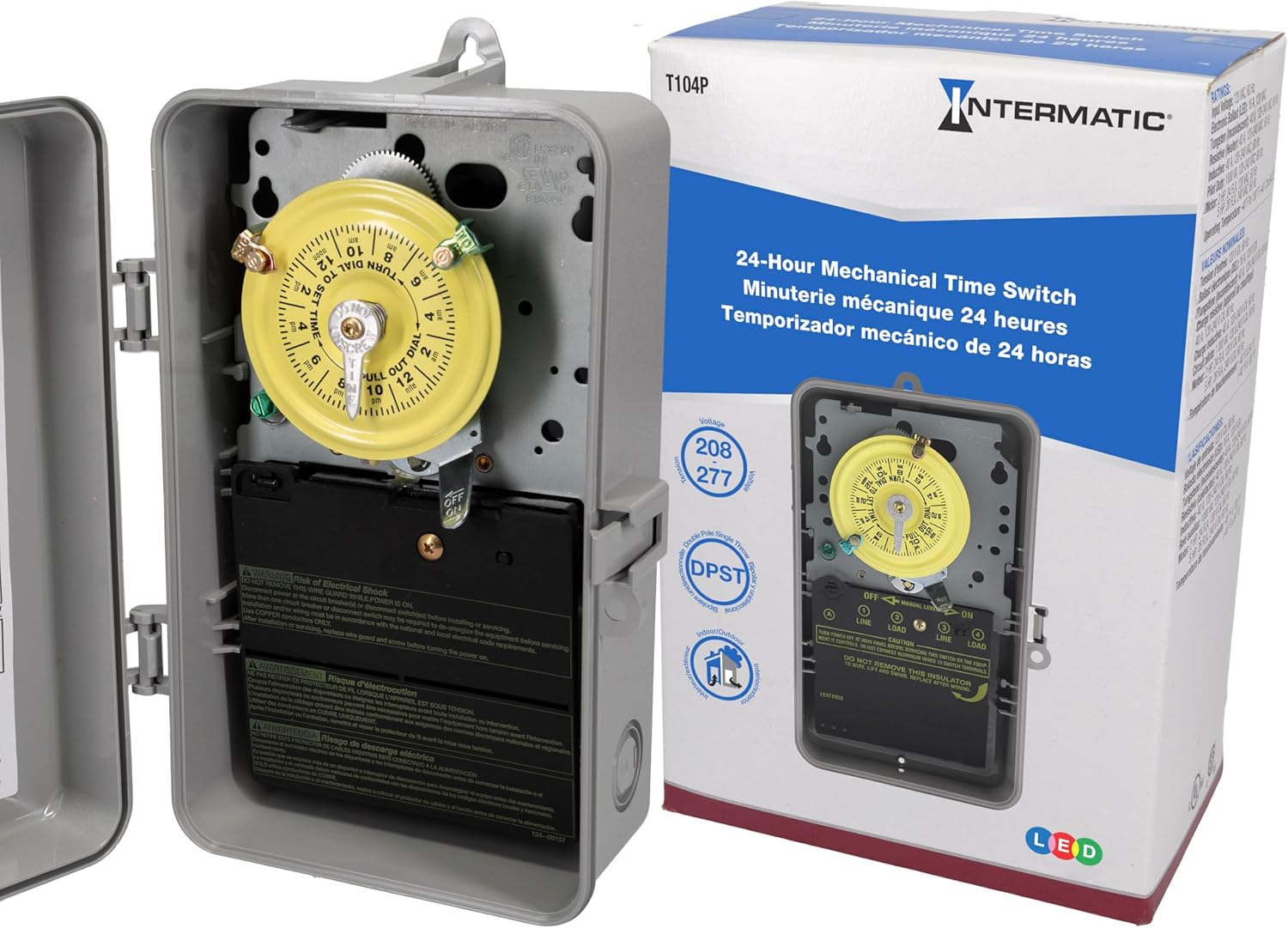 Intermatic T104P 24-Hour Mechanical Time Switch, 208-277 VAC, 60Hz, DPST, Indoor/Outdoor Plastic Enclosure, 1 Hour Interval