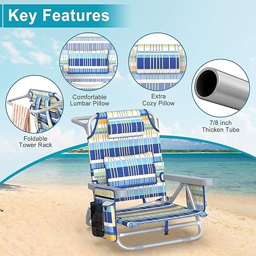 Miniatura 4 de Suteck Silla de playa, mochila ajustable de 5 posiciones, sillas de playa para adultos y niños, silla plana plegable con bolsa enfriadora,