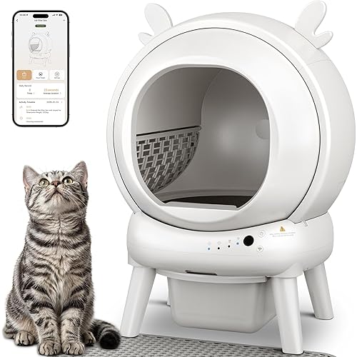 Automatic Self Cleaning Litter Box, Cat Litter Box with APP Control, 65L Globe & Dual Safety Sensors, Robot Litter Box, 1 Roll Garbage Bags and Litter Mat, <35DB, for Multiple Cats, White