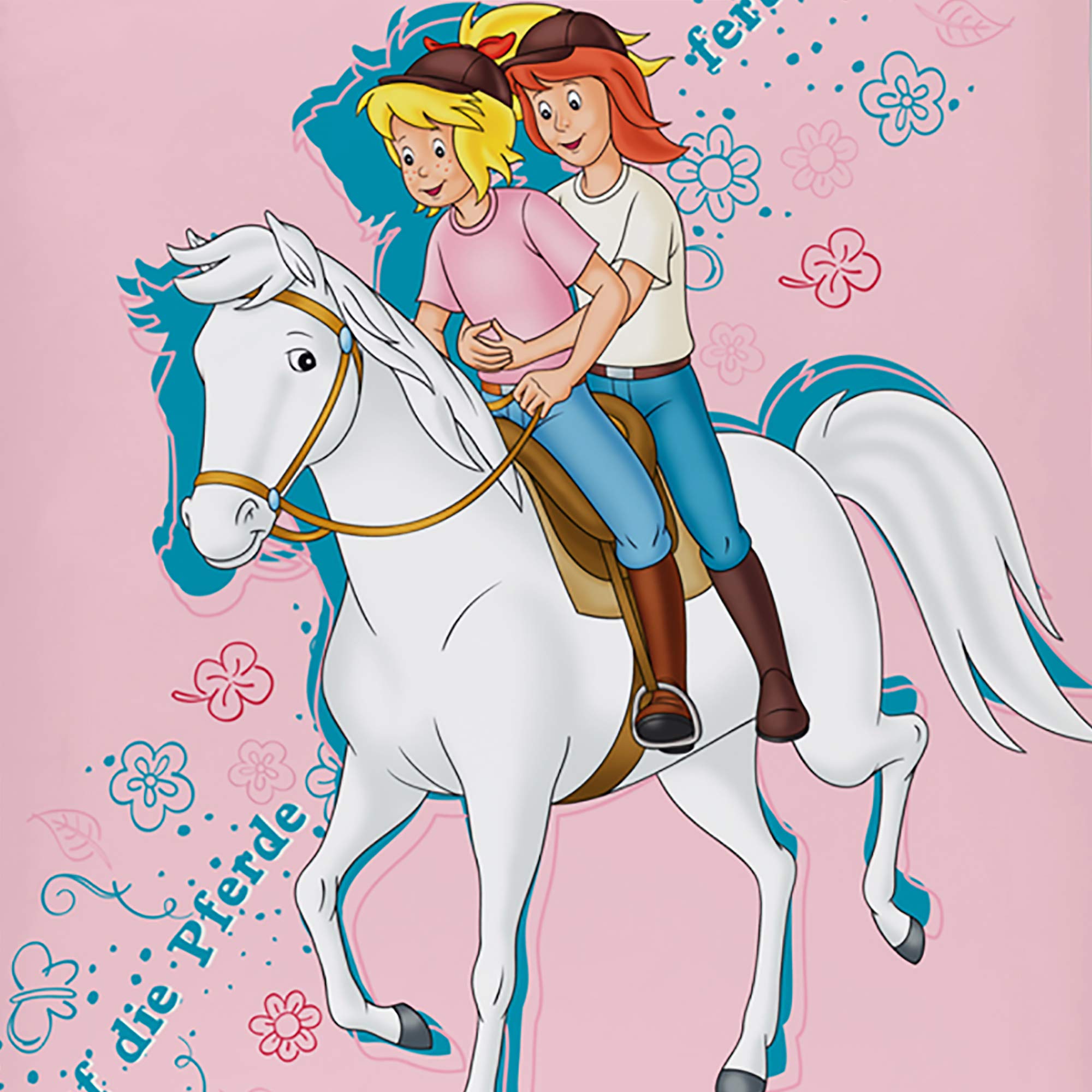 Bibi und Tina Biber / Flanell Kinder Wende-Bettwäsche Motiv Lieblingspferd Rosa 135 x 200 cm + 80 x 80 cm 100% Baumwolle Bibi Blocksberg Tina Martin Pferde-Bettwäsche Sabrina Amadeus Deutsche Größe