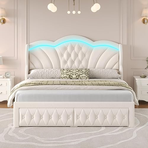 Keyluv Marco de cama Queen con luces LED y 2 cajones de almacenamiento, plataforma tapizada de terciopelo con cabecera alta en forma de arco de 47