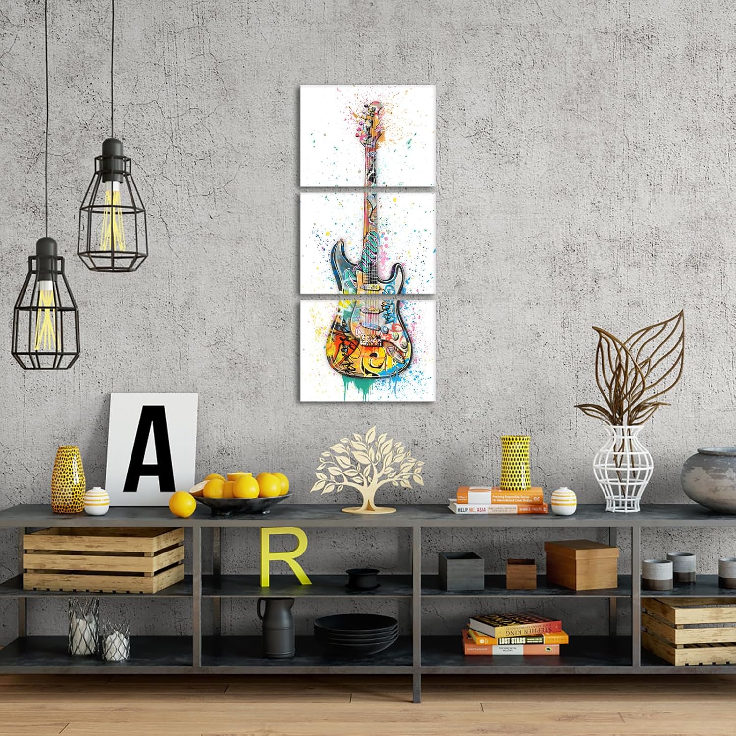 HOMEOART Music Room Decor Graffiti Wall Art Guitar Painting Music Wall Art Framed Canvas Artwork for Walls 12inchx16inchx3Piece (White, Vertical)