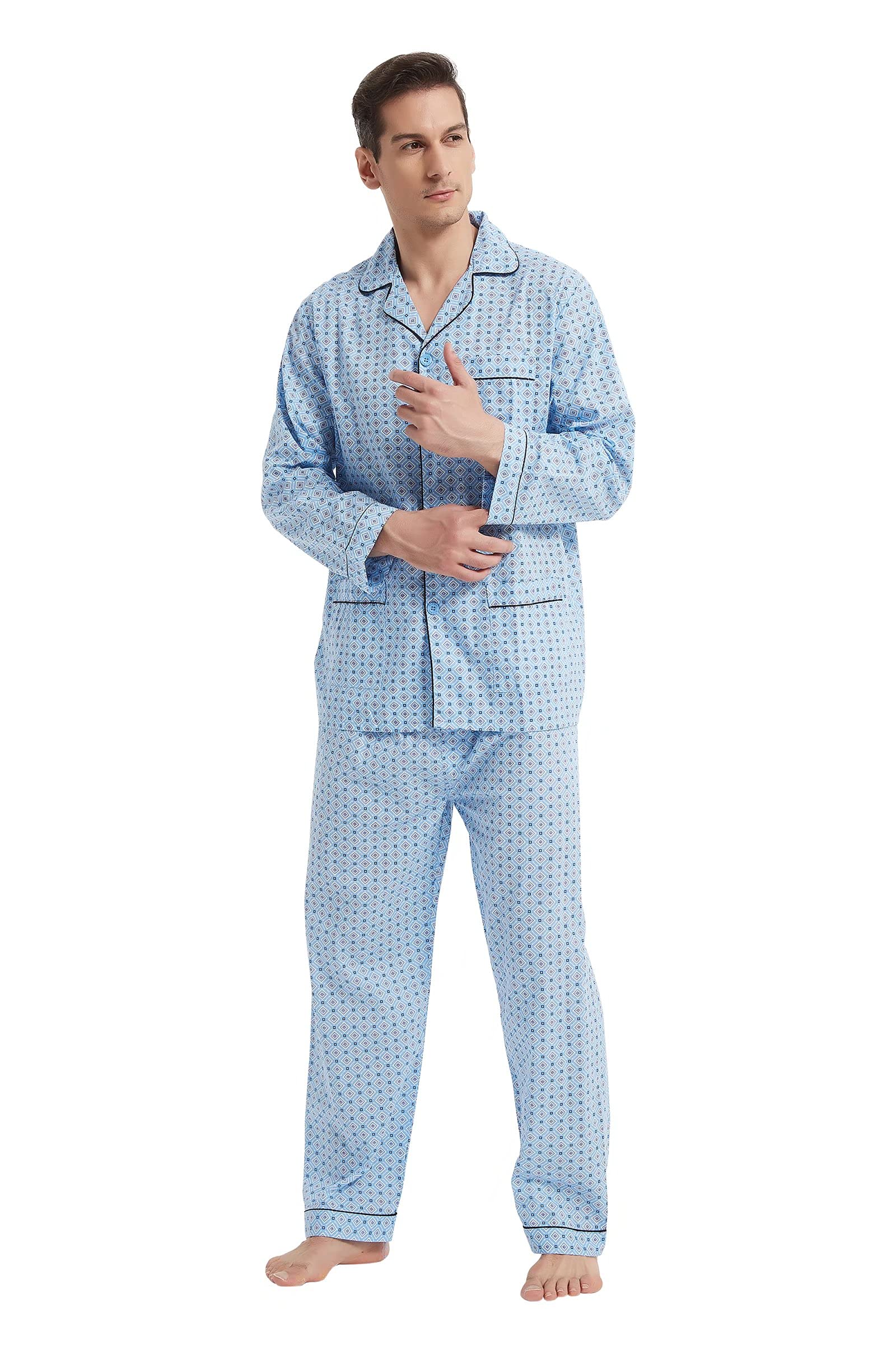 GLOBAL Pijama Hombre 100% Algodón Ropa de Dormir Manga Larga con Botones Cordón Transpirable Conjunto de Pijama Hombre Ropa de Estar por Arriba y Abajo S-3XL