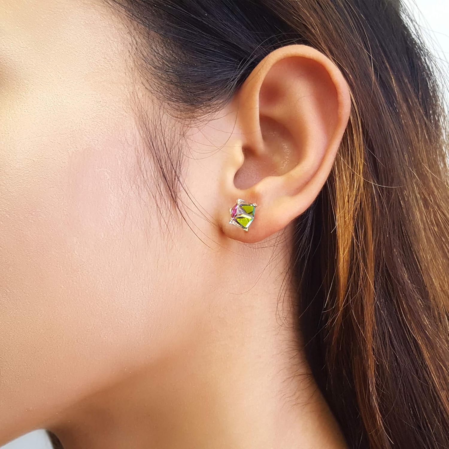 14K Yellow Gold Multi Color Crystal Cube Stud Earrings Screwback (Available 4mm, 6mm)