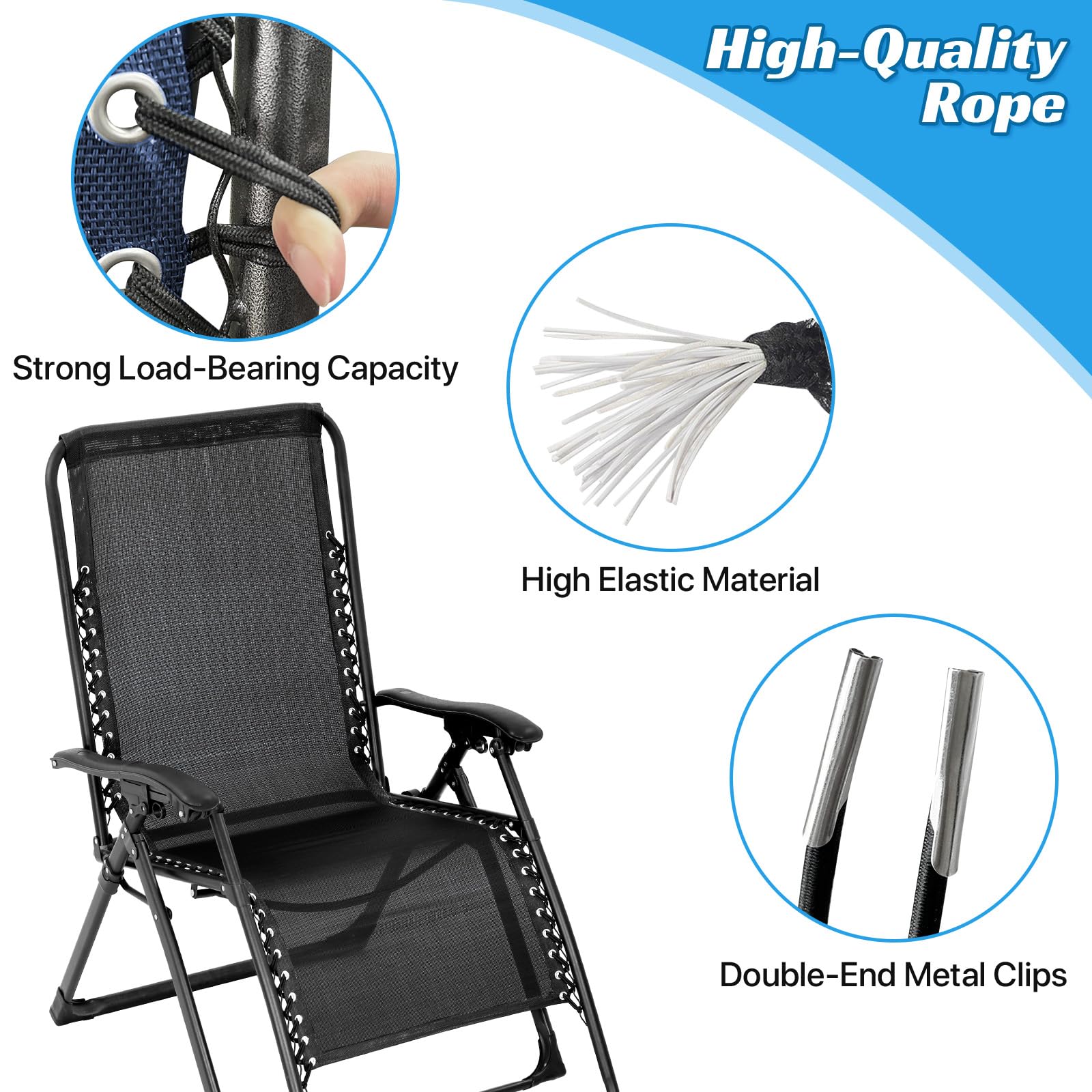 Tela de repuesto para silla de gravedad cero con kits de cable, 23.6 pulgadas de ancho x 63 pulgadas de largo, paño de reparación con cuerda elástica de repuesto para sillas antigravedad 4