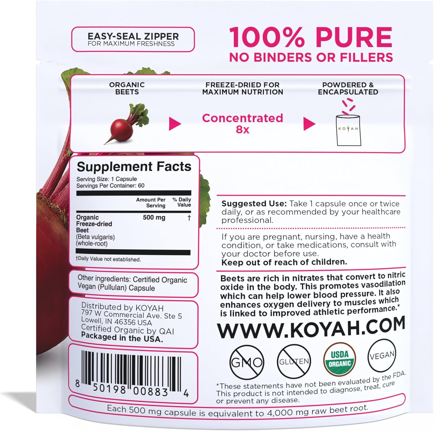 KOYAH - Organic Beet Capsules – Freeze-Dried Whole Beet Root – 500 mg Powder per Capsule (Equivalent to 4,000 mg Fresh Beets) – Supports Blood Pressure & Athletic Performance - Image 2