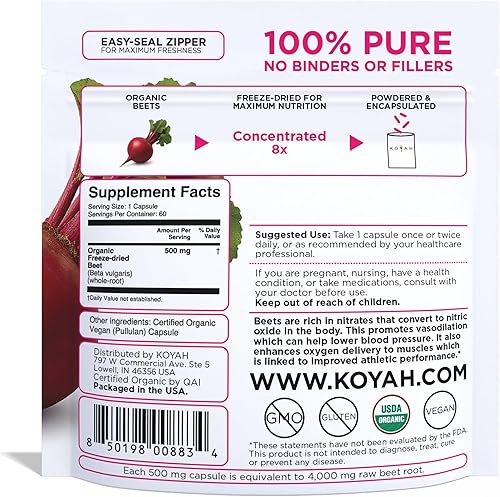 Miniatura 2 de KOYAH - Cápsulas orgánicas de remolacha  Raíz de remolacha entera liofilizada  500 mg de polvo por cápsula (equivalente a 4.000 mg de remolacha