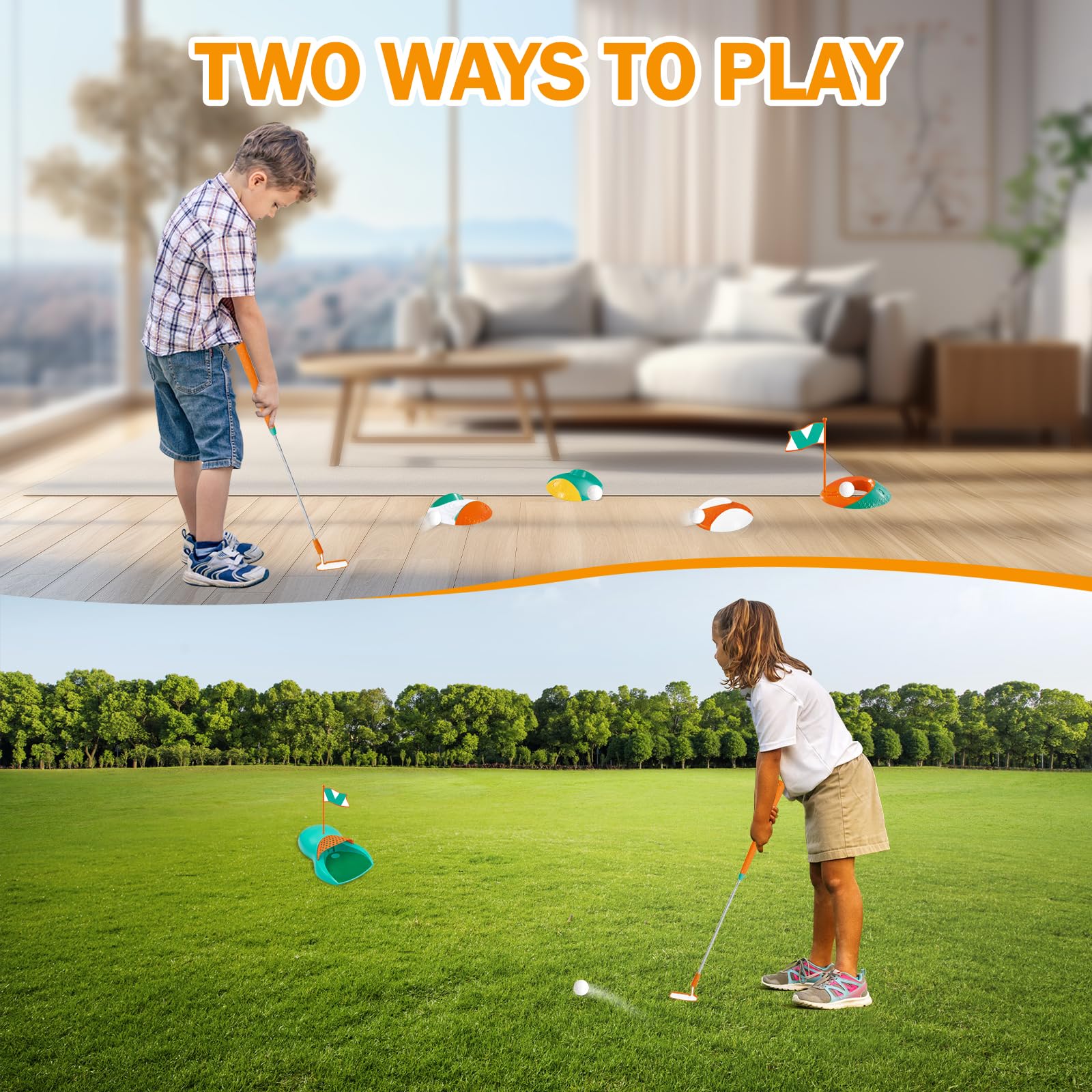 Juguetes de Golf para Niños, Juego de Golf con Palos de Golf Retráctiles, Retorno de Golf, Pelotas, Cabezas de Golf y Hoyos de Práctica, Regalo de Juegos Deportivos de Exterior para Niños