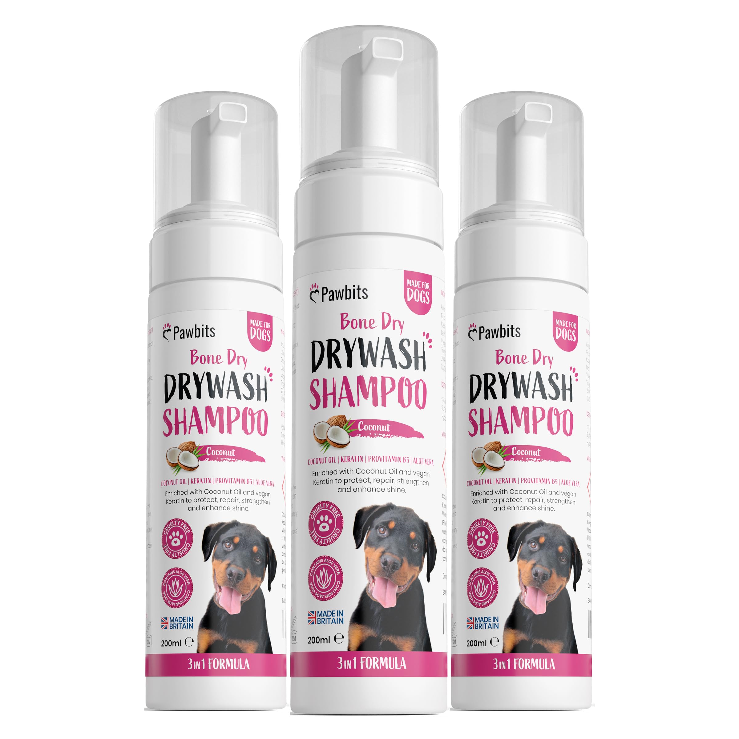 Pawbits Drywash Shampoo for Dogs - Puppy Friendly 3-in-1 Dry No Rinse Dog Shampoo & Conditioner to Clean & Detangle – No Water Required (Coconut Scented - 3x 200ml)