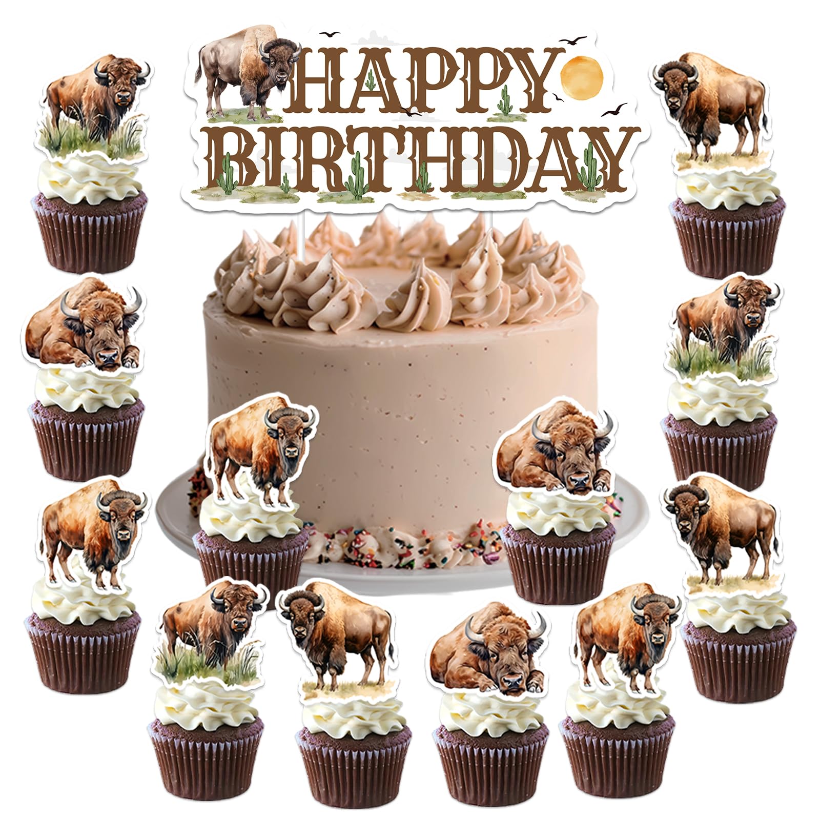 Bison Birthday Cake Cupcake Toppers Buffalo Bison Birthday Party Decorations Western Bison Cake Decor Double-Sided for Boys Farm Animals Theme Wild