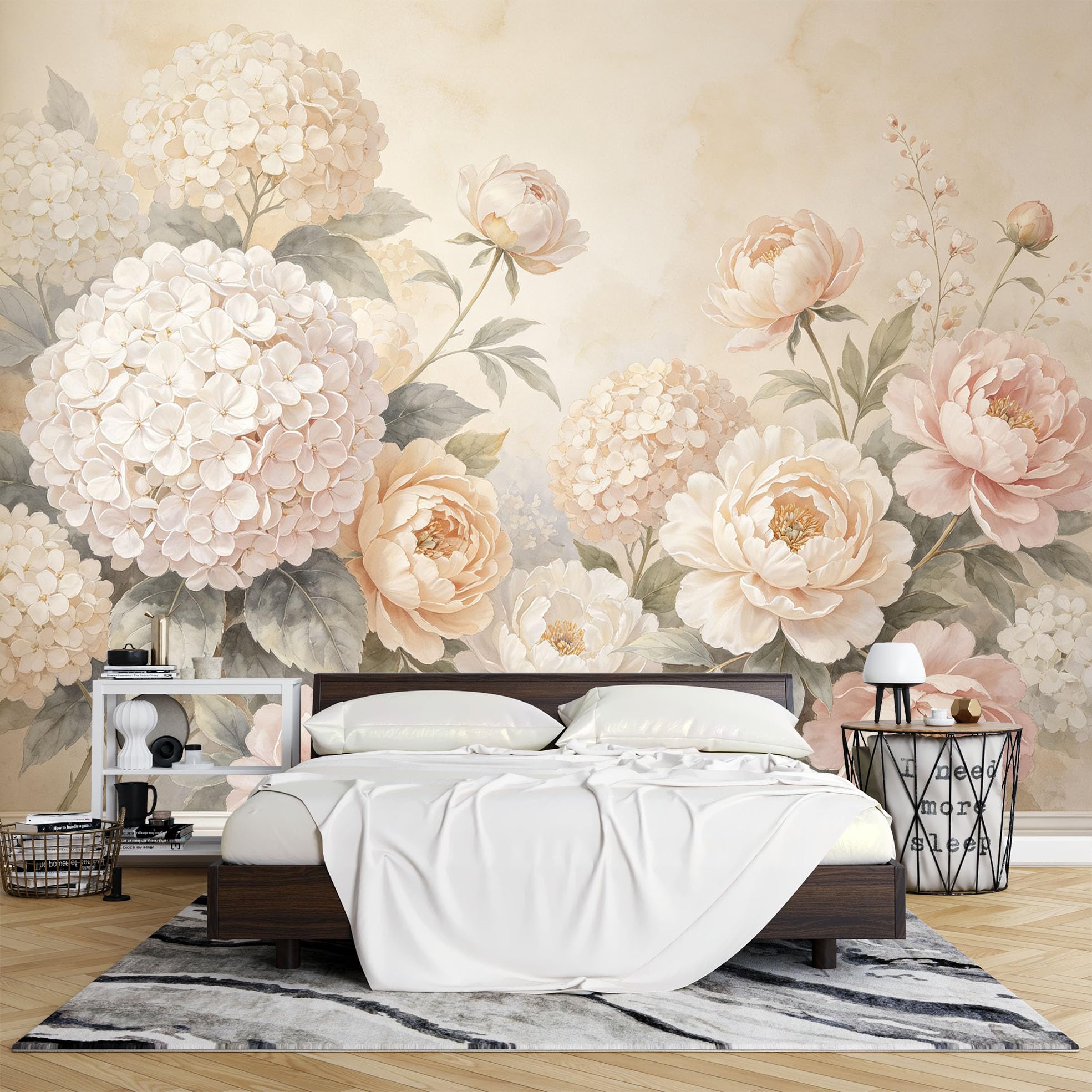 Papier Peint Intissé Fresque Murale Florale Aquarelle Hortensias et Pivoines 320 x 230 cm Papier Peint Photo 3D Art Mural Floral Vintage pour Décoration Du Salon et la Chambre.