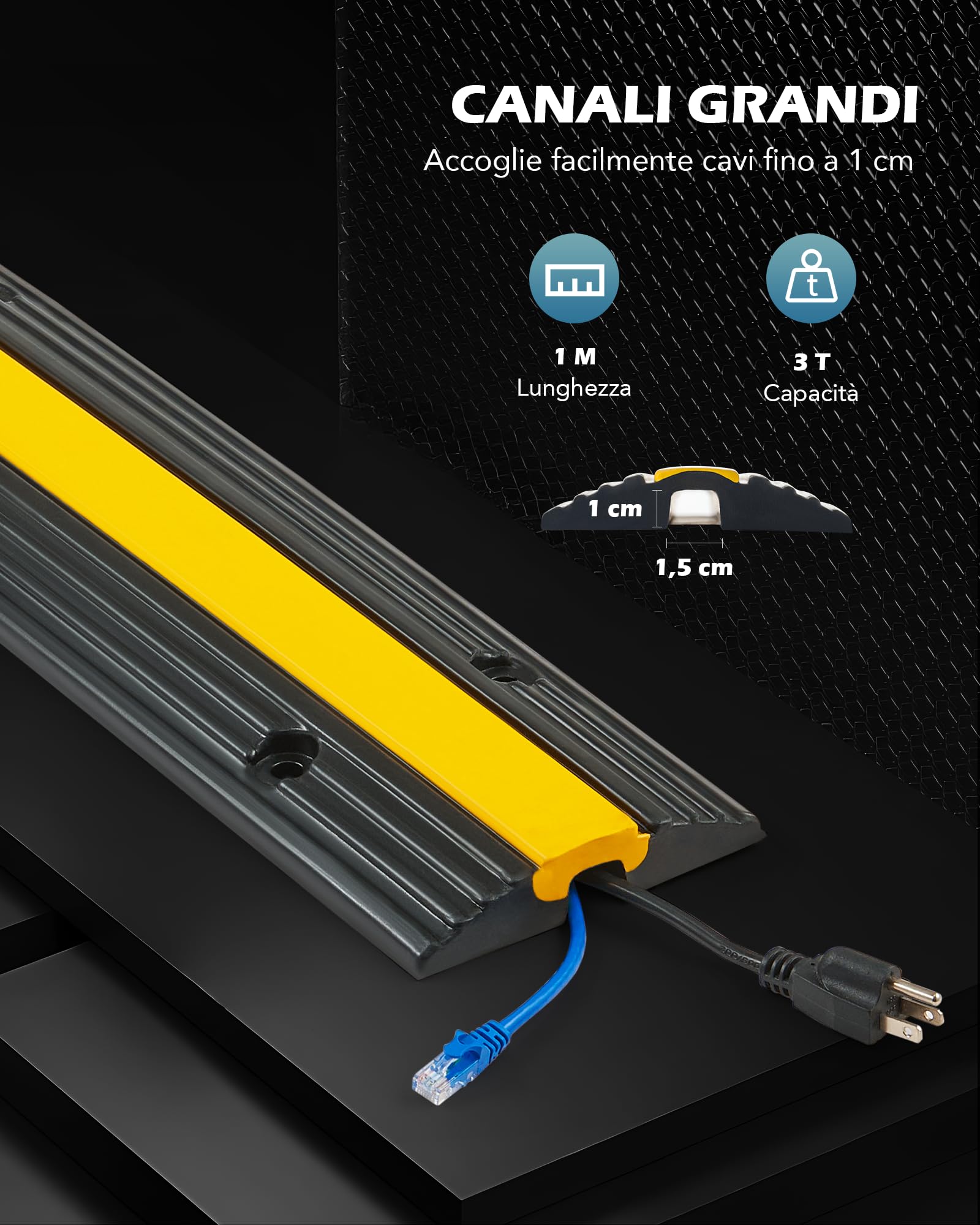CREWORKS 4 Pezzi Passacavo a Pavimento in Gomma con 1 Canale Capacità 3T, Passacavi a Pavimento Rampa, Modulare Coperchio di Protezione Cavi Antiscivolo, Protezione per Rampa in Gomma