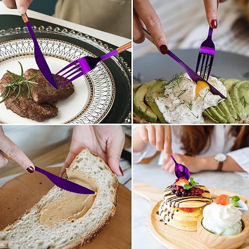 Miniatura 6 de Juego de cubiertos de acero inoxidable para 4, incluye cuchillos, tenedores, cucharas para 4, pulido espejo y apto para lavavajillas (morado)