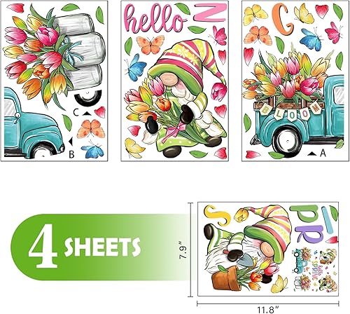 Miniatura 2 de Mfault 102 calcomanías de pared con diseño de gnomo de Hello Spring, 9 hojas, calcomanías de pared de girasol, margaritas y mariposas, decoración de