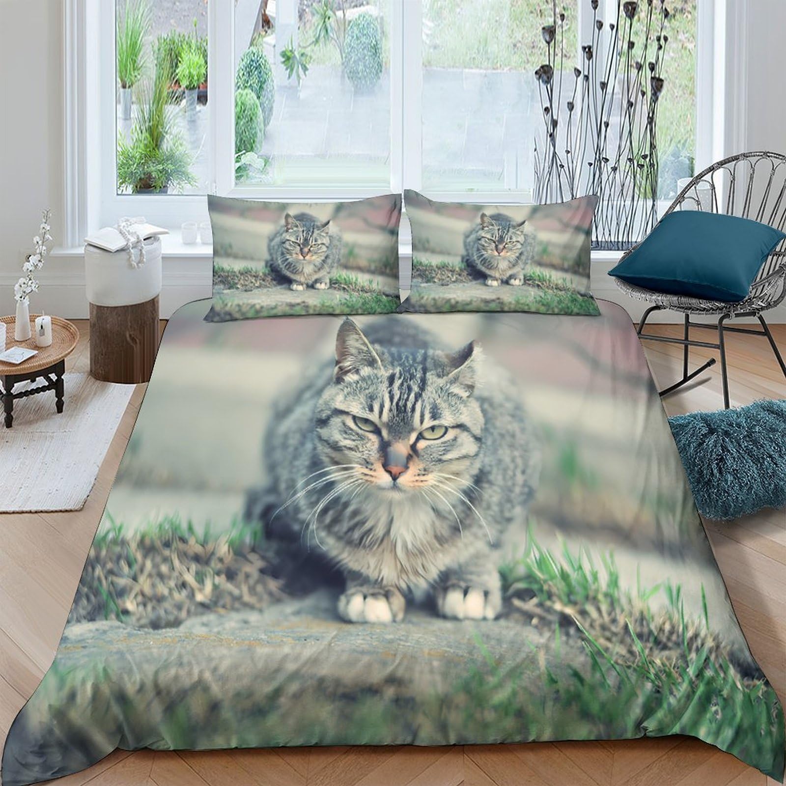 Ctjqhvkz Style-10 3D Printed Tabby Cat Fitted Sheet Microfiber Soft Breathable Stone Path Mattress Cover For Bedroom Decor Single（135X200cm）
