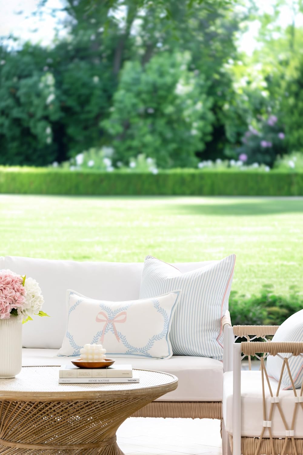 Hofdeco Premium Coastal Grandmillennial Patio Indoor Outdoor Throw Pillow Cover Only, 20"x20" Water Repellent for Backyard, Couch, Poolside, Baby Blue Pink Print Stripes